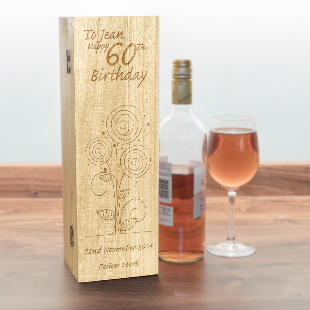 60th Birthday Wine Box Personalised - Flower Design 35cm ...